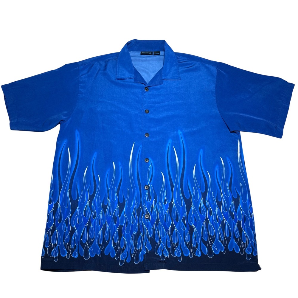Vintage Y2K‎ MT:2 Button Camp Shirt Mens XL Blue Tribal Flame Print Short Sleeve
